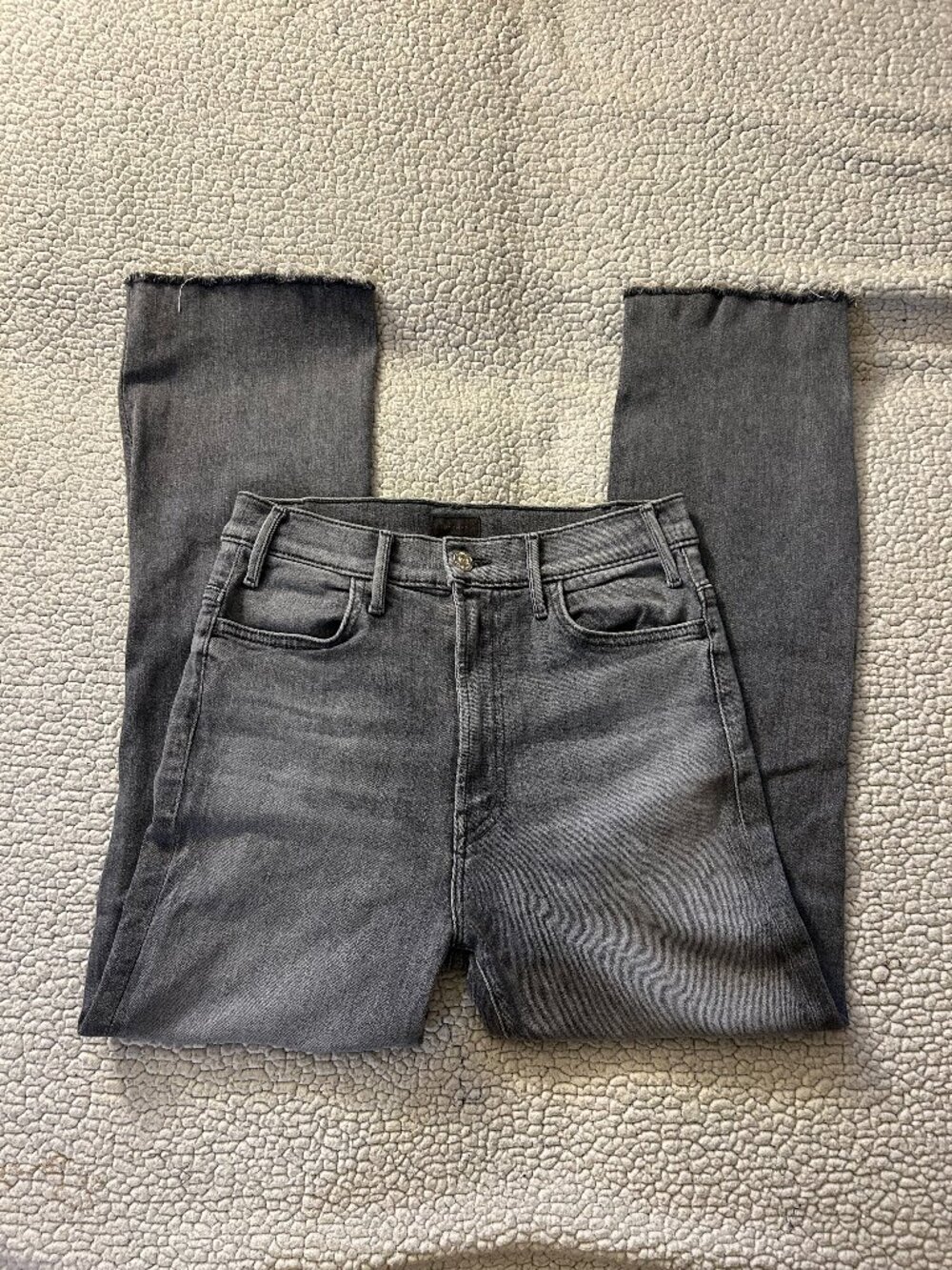 Mother -- 'the hustler ankle fray' grey, cotton blend, high waisted jeans